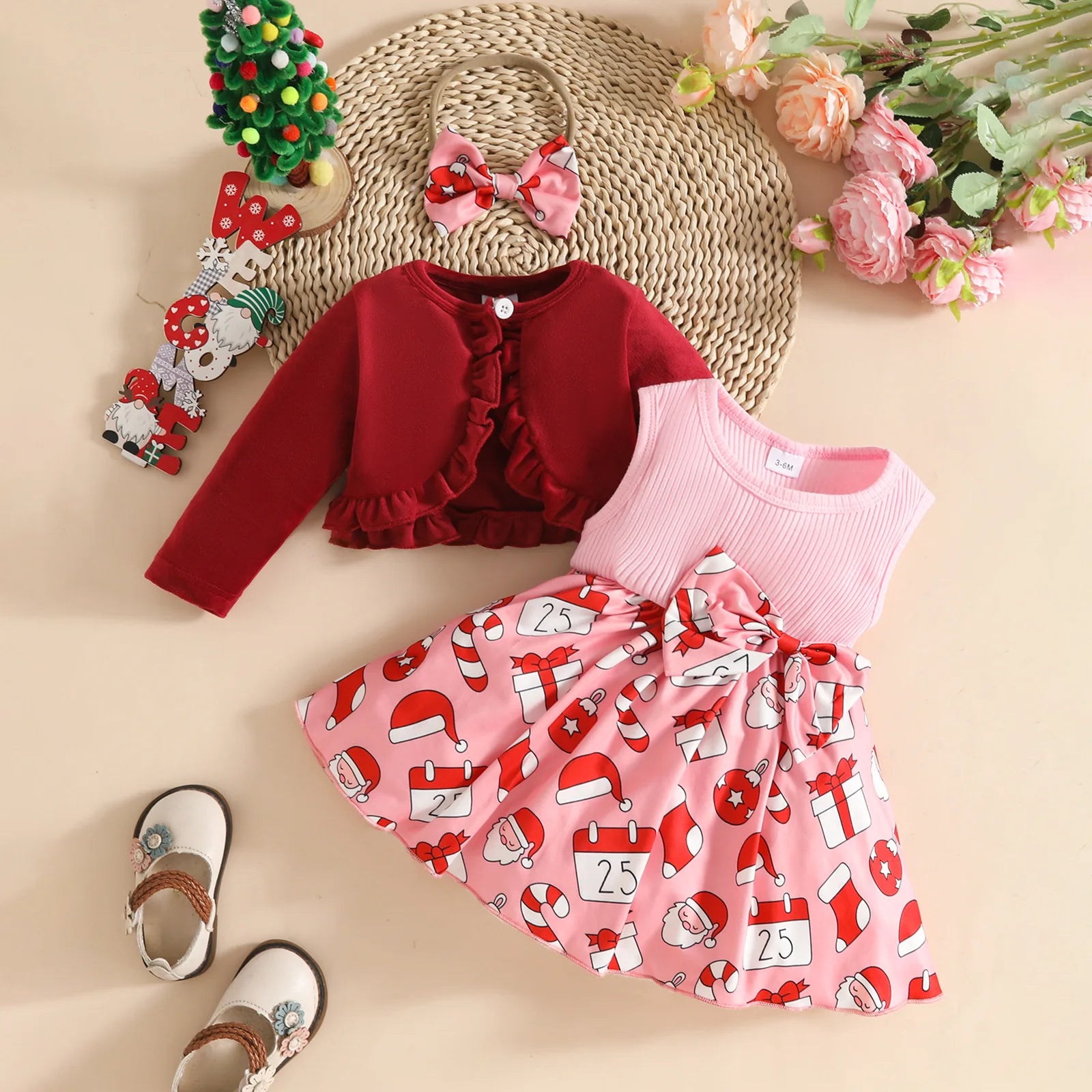 كاجوال baby بنت christmas woolen coat فيست and hair tape طقم gingerbread santa claus fawn فستان cartoon pattern ستايل