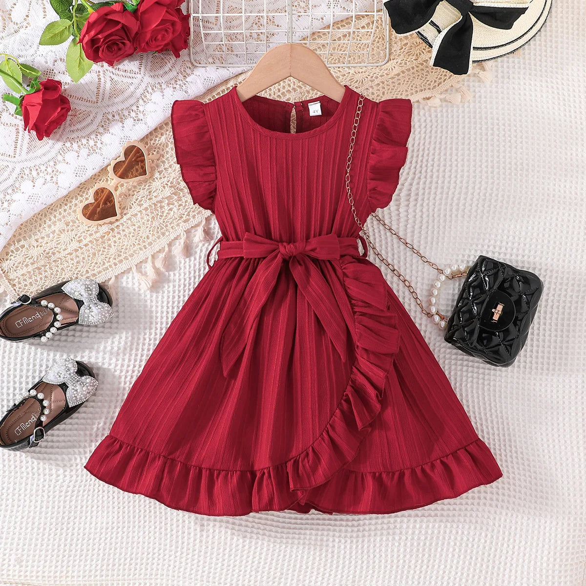 صيف بنات' جديد solid color wave stripe كم كشكش round neck ruffle edge فستان with waist belt