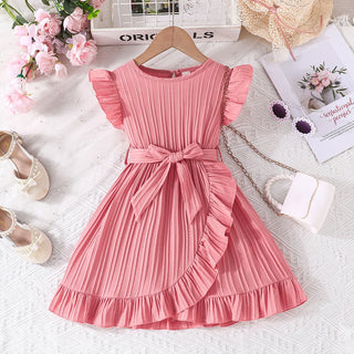 صيف بنات' جديد solid color wave stripe كم كشكش round neck ruffle edge فستان with waist belt