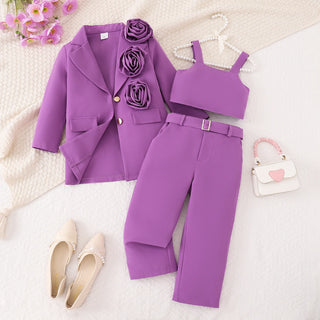 موضة 2025 بنات خريف and شتاء cross-border three-dimensional flower بدلة jacket camisole pants طقم كاجوال ستايل sizes 2t 7t