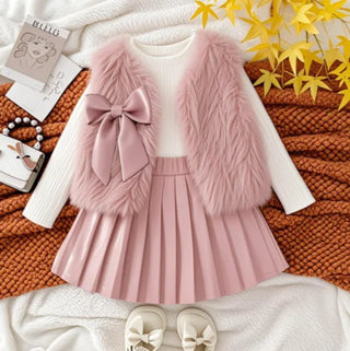 خريف and شتاء جديد بنات بدلة solid color wool sweater with طويل-sleeved توب and leather جيب three-piece بدلة