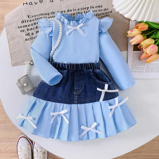 hot sale children's clothing طقم european american بنات fly كم bow solid color توب دينم stitching بليسيه جيب toddlers
