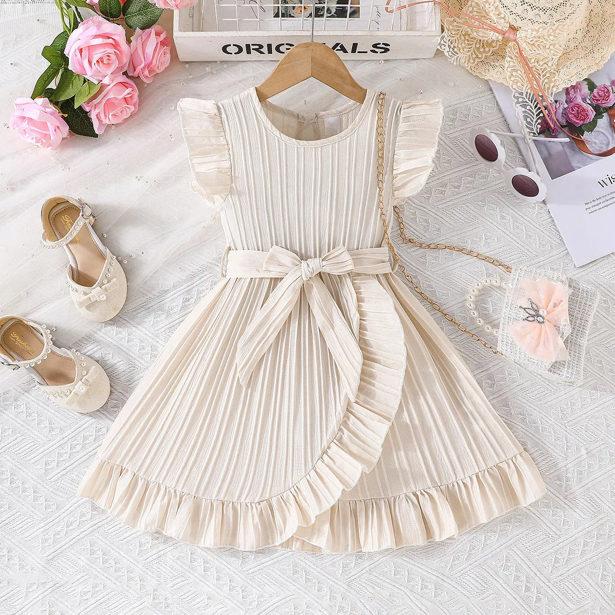 صيف بنات' جديد solid color wave stripe كم كشكش round neck ruffle edge فستان with waist belt
