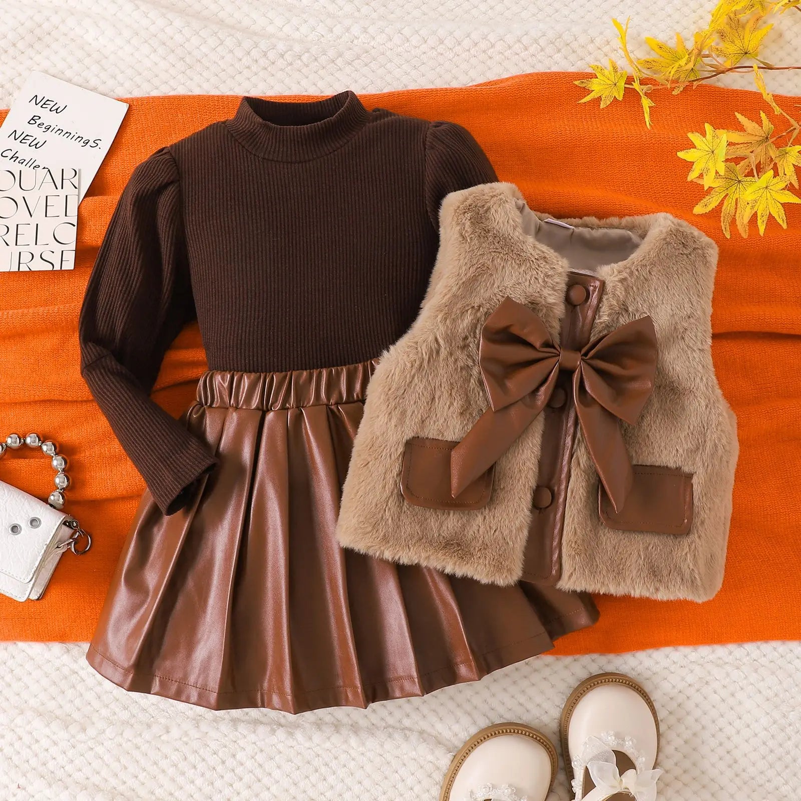 موضة 2025 popular شتاء بنات' طقم أكمام طويلةd توب with fur فيست بليسيه leather جيب three piece طقم