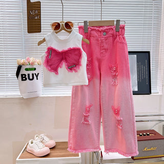 موضة 2025 بنات' صيف multi colors كاجوال طقم قطعتين بدون أكمام pierced jeans with explosion print outfits
