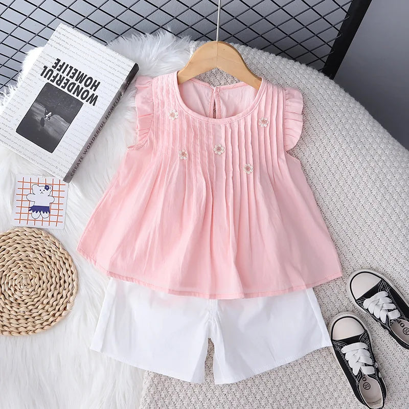 children's طقم جديد صيف بنات' stylish أكمام قصيرةd توب shorts طقم قطعتين
