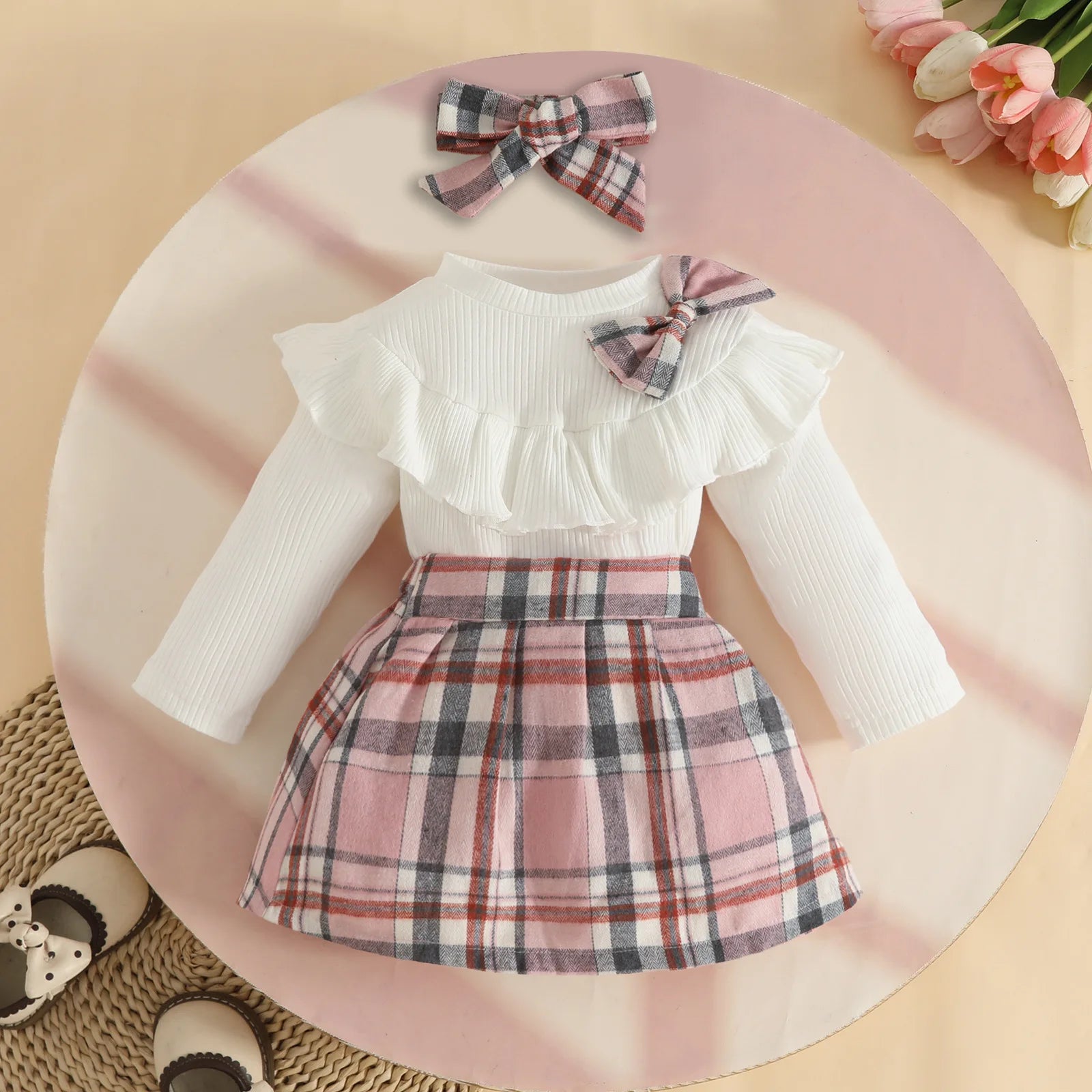 خريف شتاء female baby كاجوال outfit أكمام طويلة توب with ruffled bow classic plaid جيب hair band solid pattern ستايل