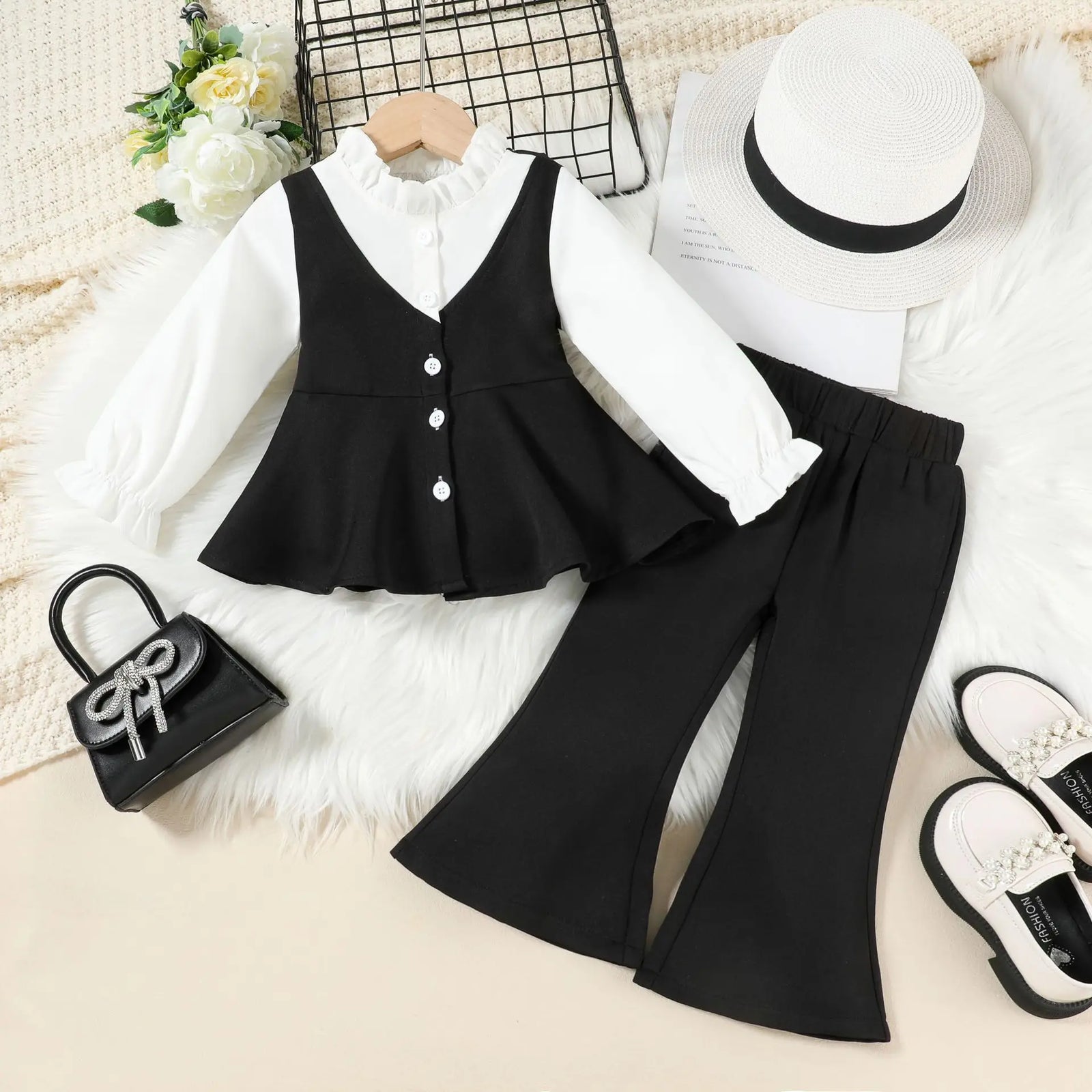 موضة 2025 خريف/شتاء جديد بنات' طقم with ستايل غربي ستايل open button أكمام طويلة توب and fashionable trumpet pants طقم قطعتين
