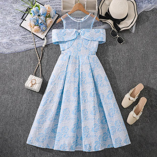 بنات' فستان موضة 2025 صيف جديد print تل splicing off shoulder أكمام قصيرةd أميرة فستان