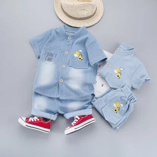 wholesale cross-border أكمام قصيرة دينم بدلة for أولاد صيف cartoon fawn printed shirt and pants طقم