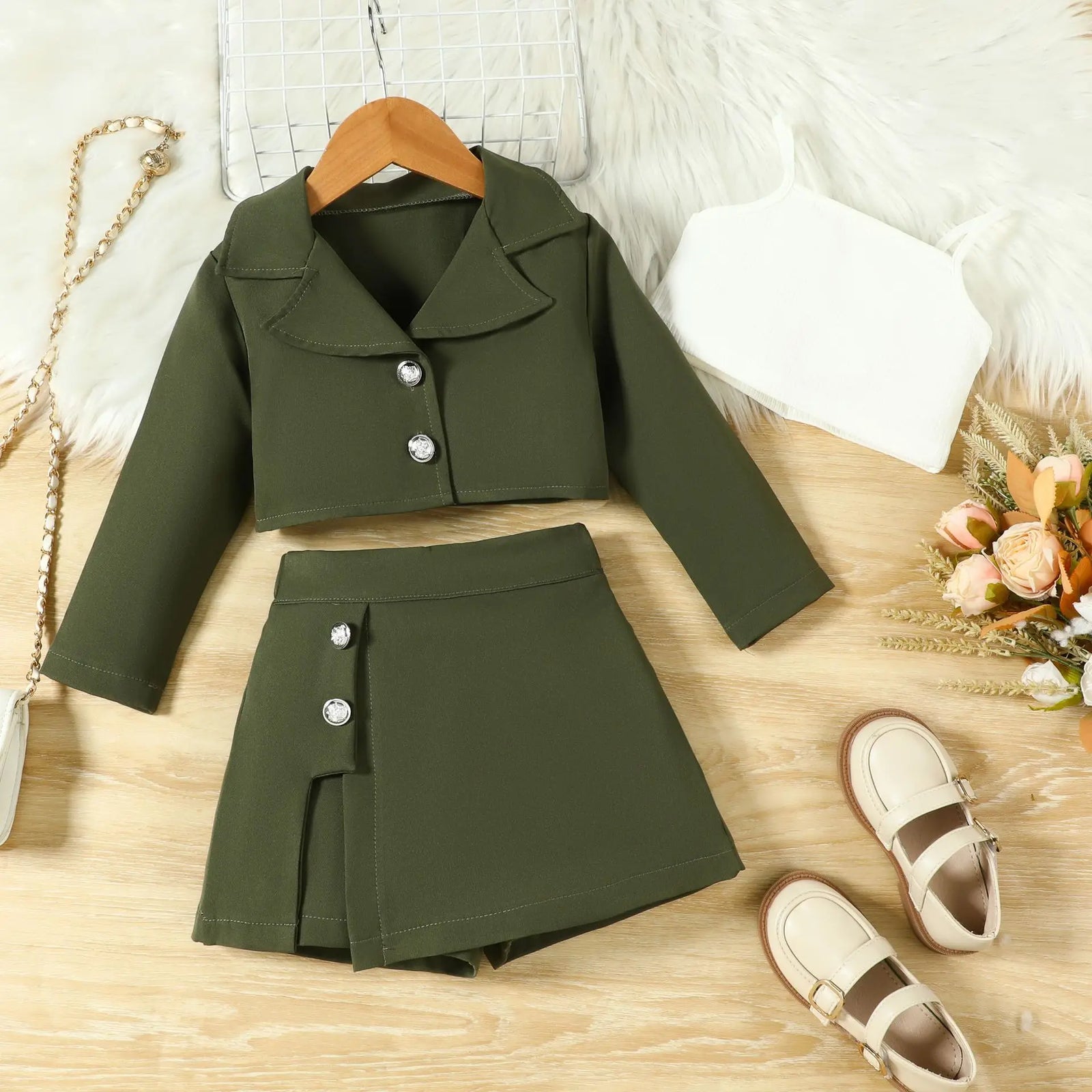 موضة 2025 خريف and شتاء جديد بنات' طقم بنات' lapel أكمام طويلةd jacket camisole inner جيب pants three piece طقم