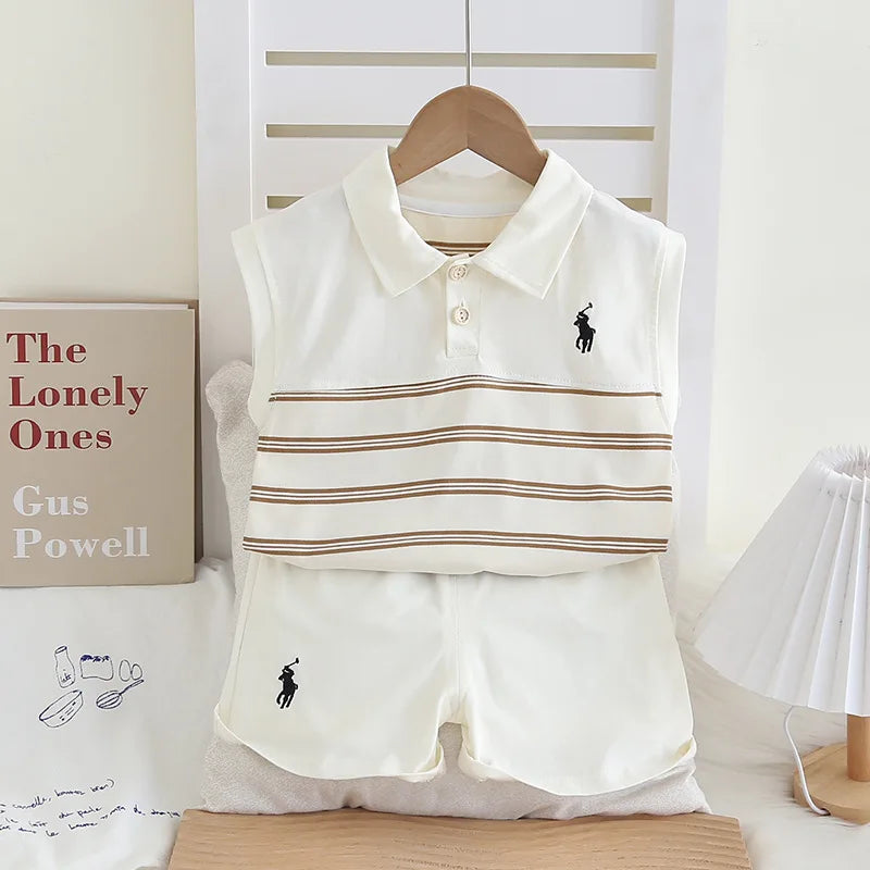 أولاد' صيف outfit طقم، stylish baby صيف clothes، baby بدون أكمام polo shirt طقم قطعتين