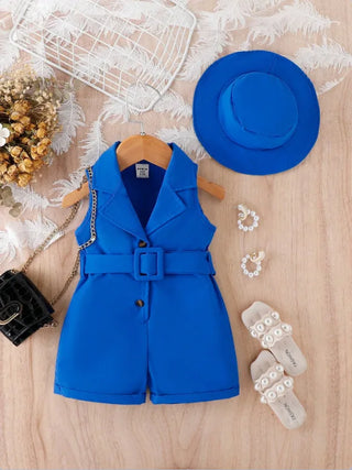 2024 صيف boutique infant بنات clothing بدون أكمام solid color lapel v neck belt bodysuit hat 2pcs baby جمبسوت