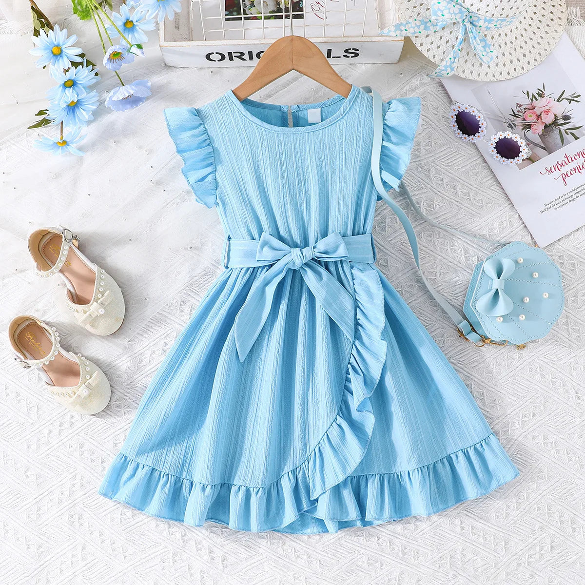 صيف بنات' جديد solid color wave stripe كم كشكش round neck ruffle edge فستان with waist belt