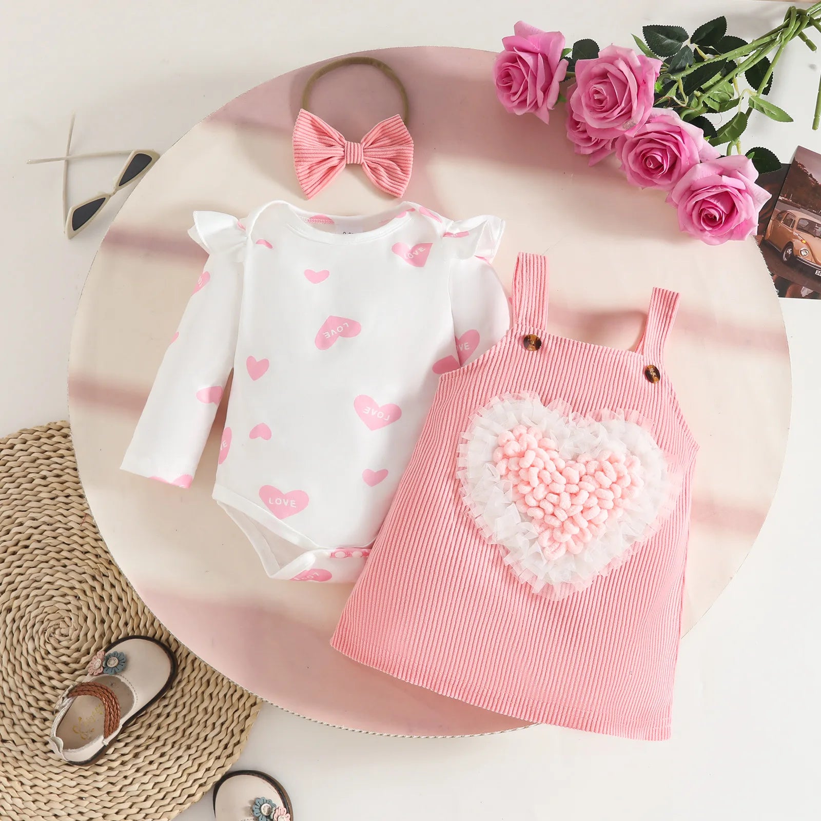 موضة 2025 ربيع خريف sweet toddler بنات clothing heart-shaped طويل-sleeved romper halter فستان baby clothes طقم