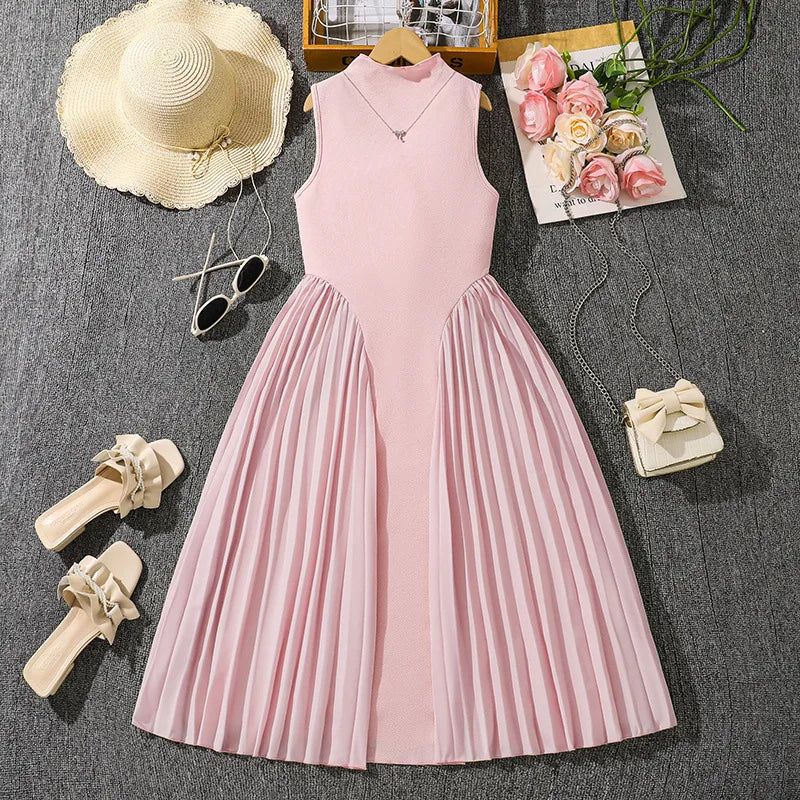 موضة 2025 صيف teenage pink green wear stand collar temperament بليسيه splicing بدون أكمام طويل dresses أطفال بنات فستان