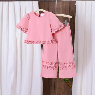 بنات كاجوال comfortable pink أكمام قصيرة توب and wide legs pants طقم صيف جديد children's clothing