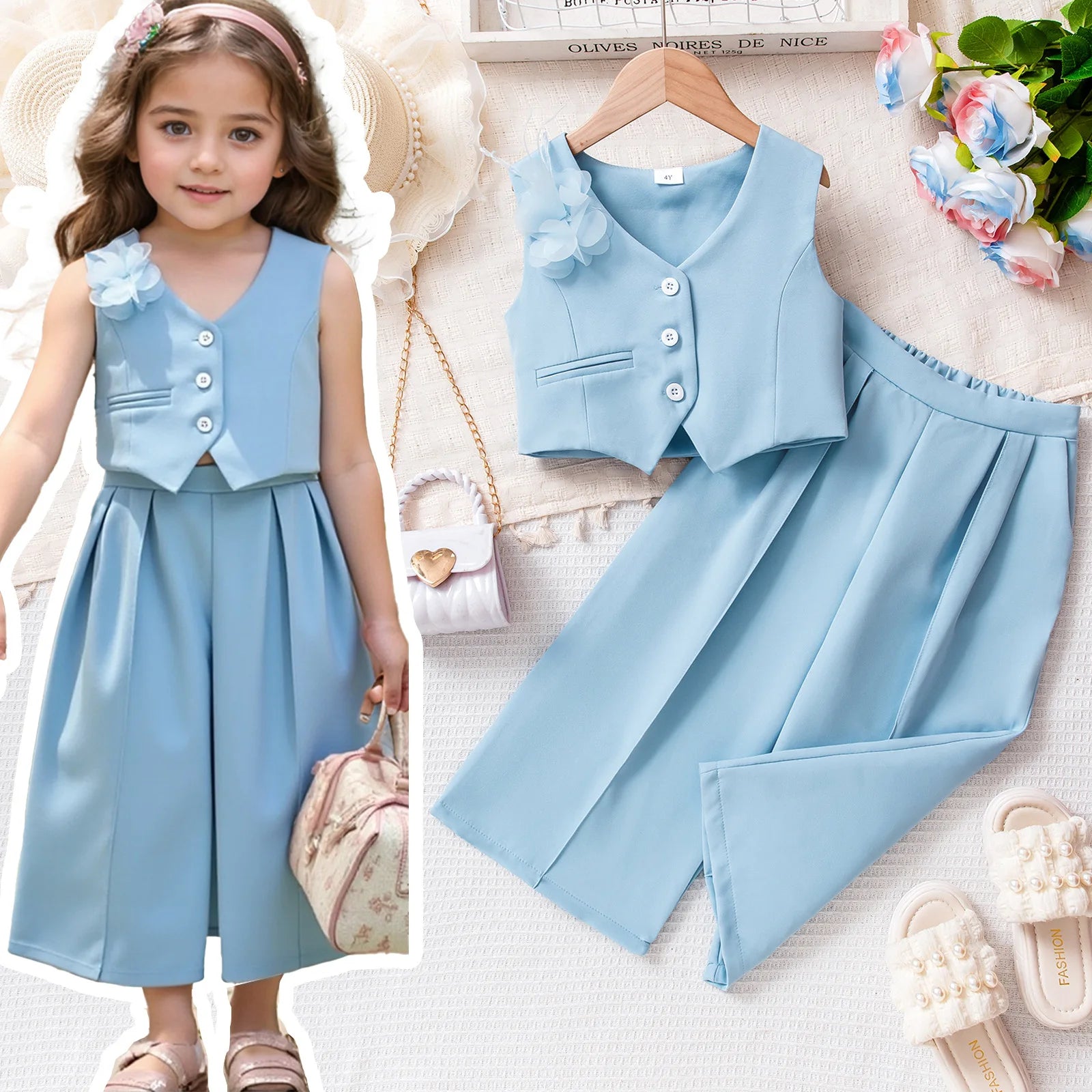 صيف جديد multi-color بنات' بدلة طقم with بدون أكمام فيست توب and pants for children