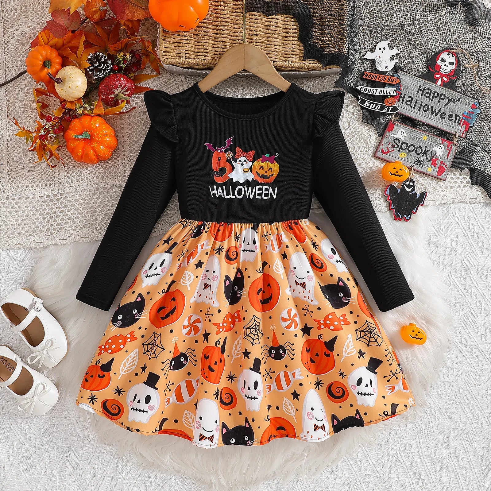 موضة 2025 خريف بنات' fashion foreign ستايل فستان كم كشكش bow stitching أكمام طويلة children's فستان