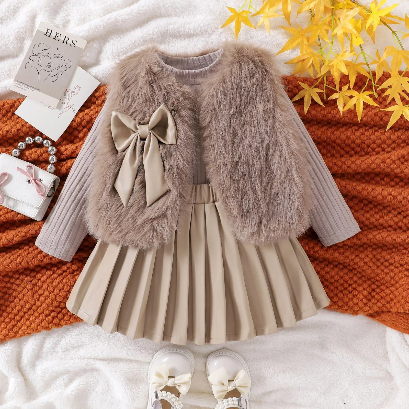 خريف and شتاء جديد بنات بدلة solid color wool sweater with طويل-sleeved توب and leather جيب three-piece بدلة