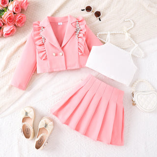 ربيع وخريف جديد ستايل بنت's طقم with strap inner coat and ruffle جيب 3-piece طقم