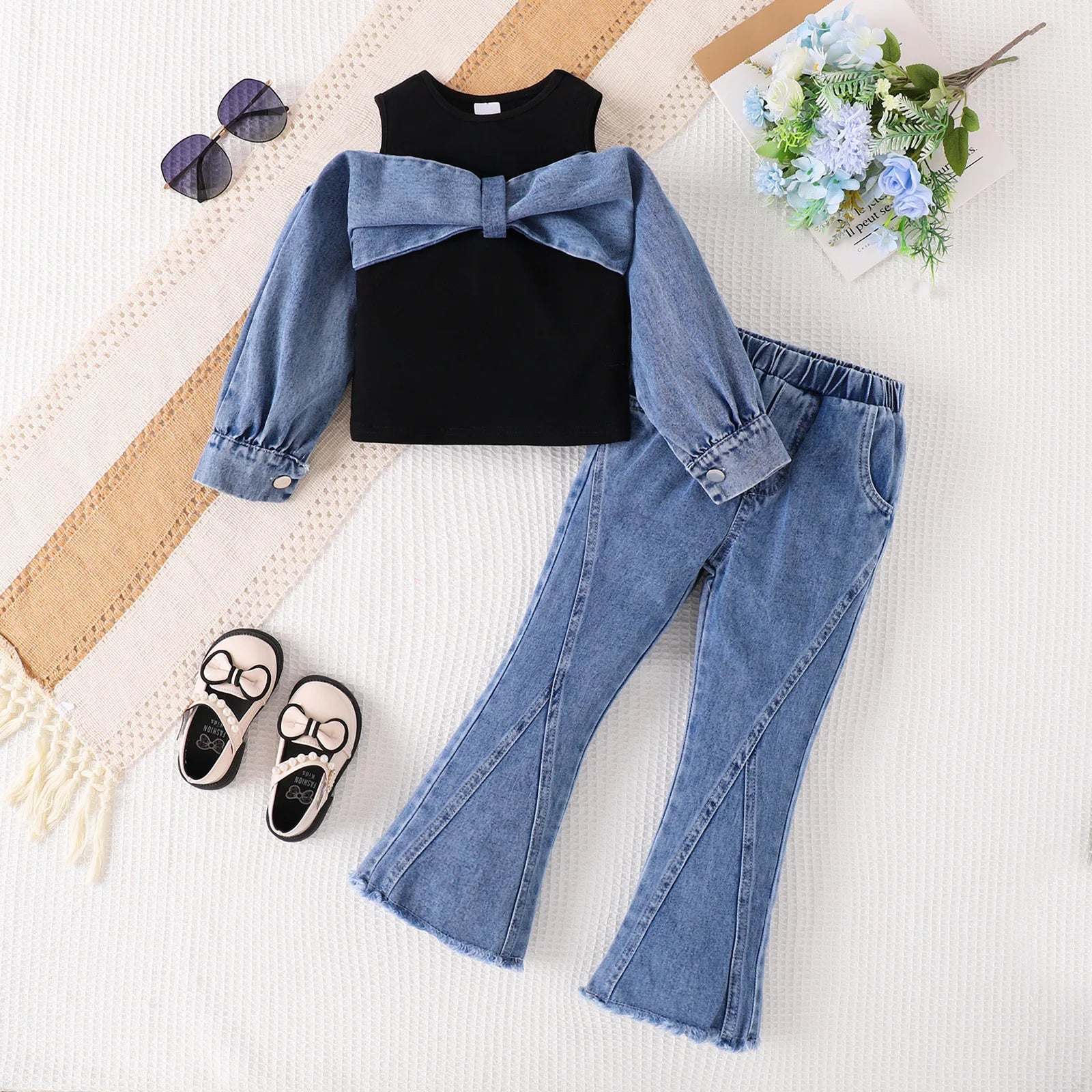 جديد بنات طقم قطعتين cotton توب and pants micro horn دينم with tooling stitching two-piece design