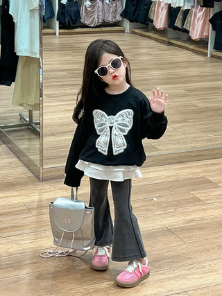 خريف جديد ستايل lace bow hoodie stacked cake جيب ستايل غربي retro bell bottom pants طقم