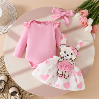 0-1 year old baby بنت 3-piece أكمام طويلة strap جيب solid color توب strap cartoon bear love جيب 100% cotton hair strap