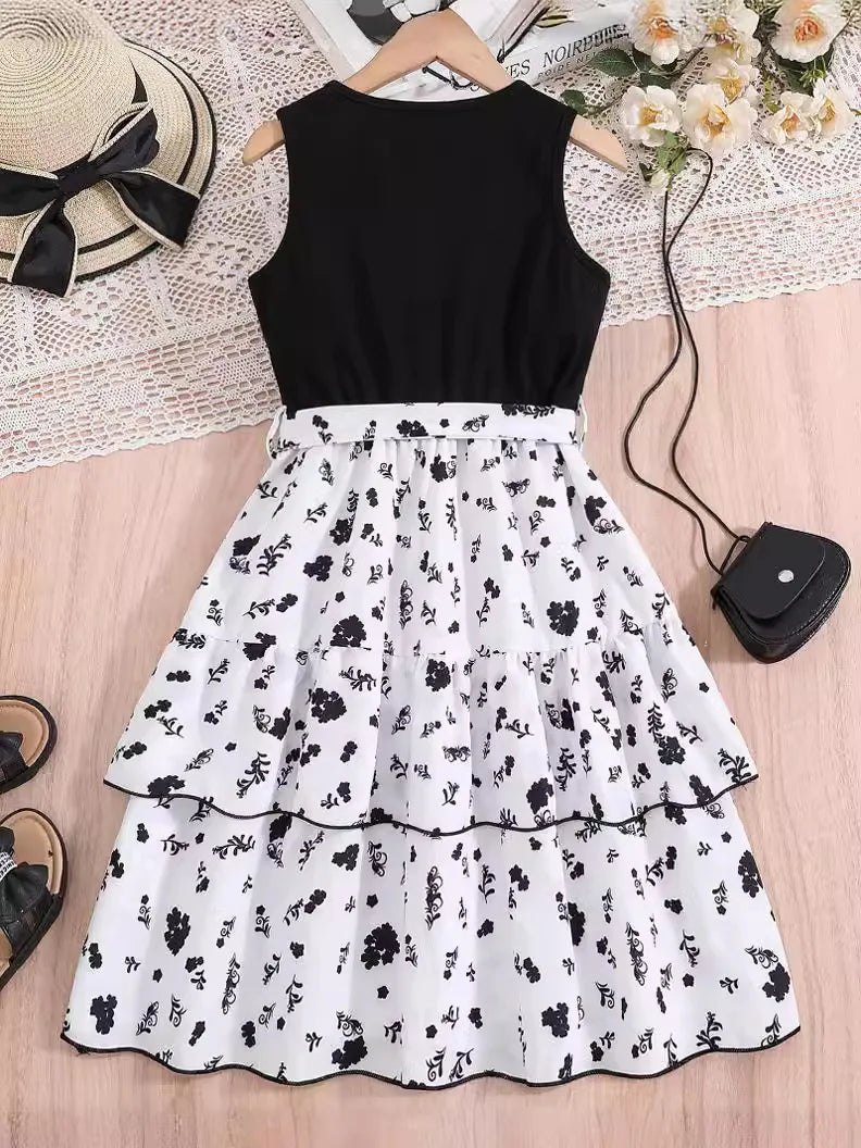 high cottondress'for 8-12-year-old بنات korean version floral ruffled بدون أكمام embroidery ناعم o-neck كاجوال