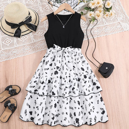 high cottondress'for 8-12-year-old بنات korean version floral ruffled بدون أكمام embroidery ناعم o-neck كاجوال
