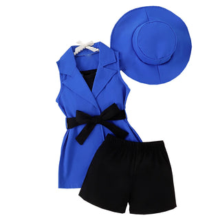 high quality 2024 جديد arrival صيف بنت four-piece suits with strap توب +shorts+بدون أكمام بدلة jacket +hat أطفال clothing طقم