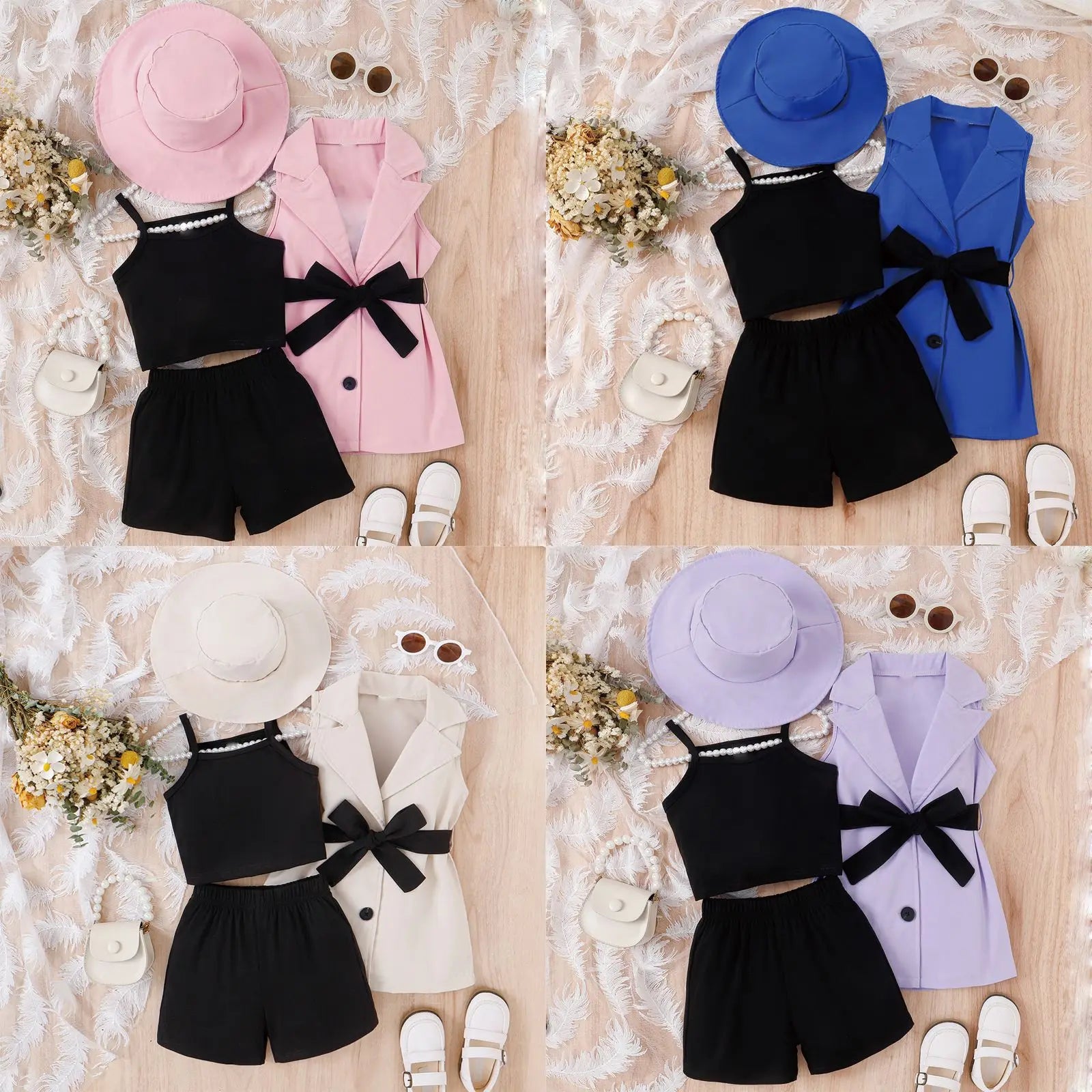 high quality 2024 جديد arrival صيف بنت four-piece suits with strap توب +shorts+بدون أكمام بدلة jacket +hat أطفال clothing طقم