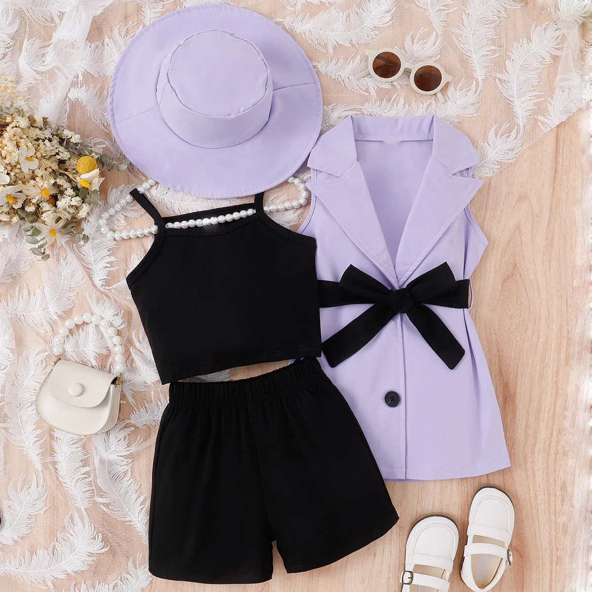 high quality 2024 جديد arrival صيف بنت four-piece suits with strap توب +shorts+بدون أكمام بدلة jacket +hat أطفال clothing طقم