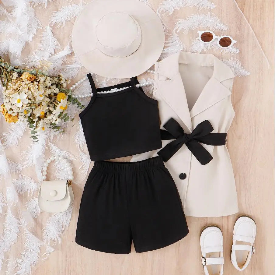 high quality 2024 جديد arrival صيف بنت four-piece suits with strap توب +shorts+بدون أكمام بدلة jacket +hat أطفال clothing طقم