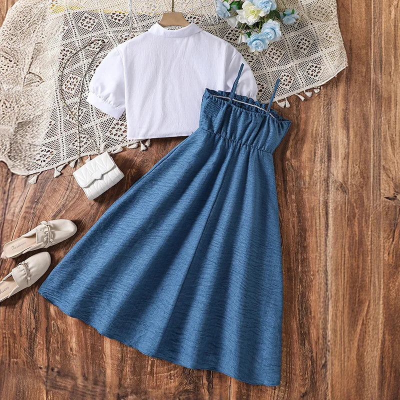 hot sale bow أميرة big بنات clothing sets بنات white coat sling فستان two piece clothing sets