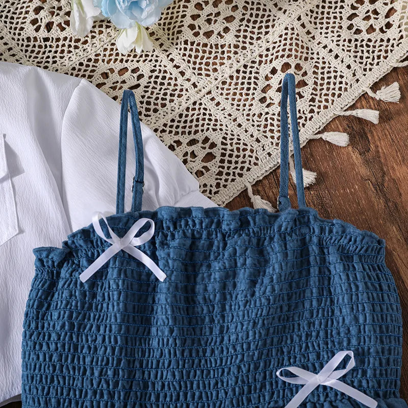hot sale bow أميرة big بنات clothing sets بنات white coat sling فستان two piece clothing sets