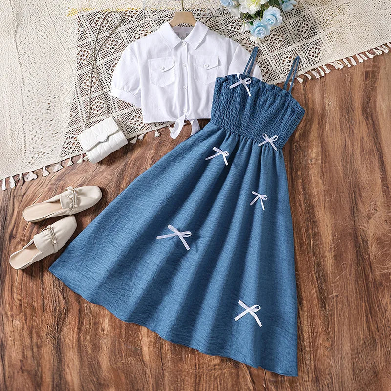 hot sale bow أميرة big بنات clothing sets بنات white coat sling فستان two piece clothing sets