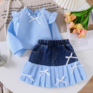 hot sale children's clothing طقم european american بنات fly كم bow solid color توب دينم stitching بليسيه جيب toddlers