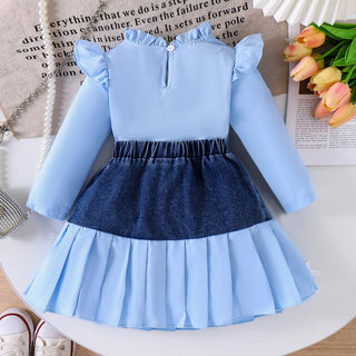 hot sale children's clothing طقم european american بنات fly كم bow solid color توب دينم stitching بليسيه جيب toddlers