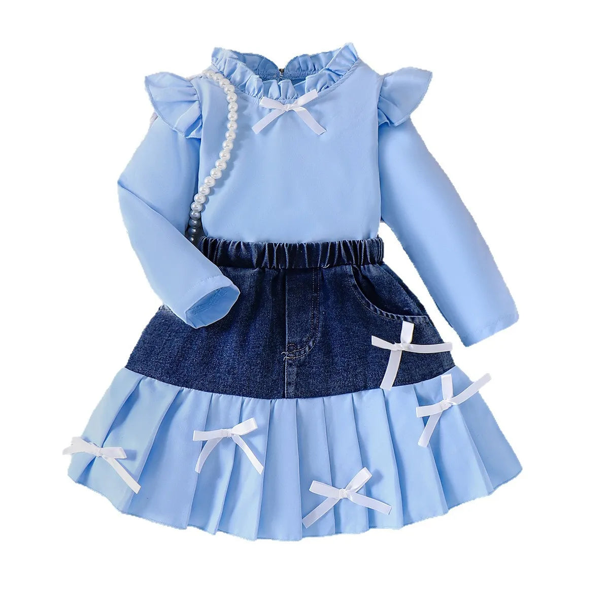 hot sale children's clothing طقم european american بنات fly كم bow solid color توب دينم stitching بليسيه جيب toddlers