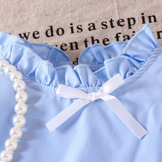 hot sale children's clothing طقم european american بنات fly كم bow solid color توب دينم stitching بليسيه جيب toddlers