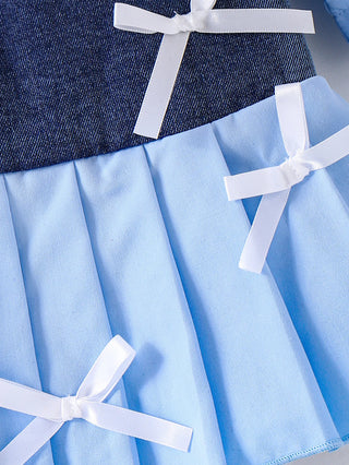 hot sale children's clothing طقم european american بنات fly كم bow solid color توب دينم stitching بليسيه جيب toddlers
