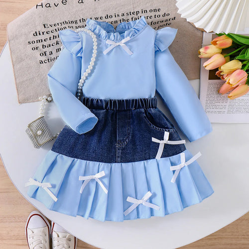 hot sale children's clothing طقم european american بنات fly كم bow solid color توب دينم stitching بليسيه جيب toddlers