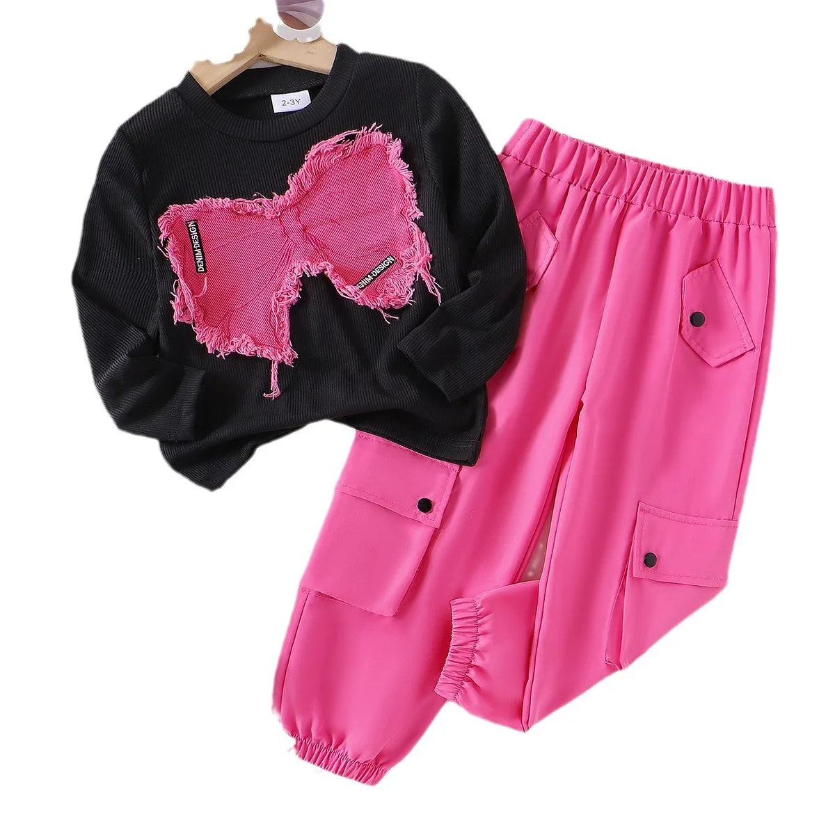 hot sale european and american خريف and شتاء fashion بنات butterfly patch توب + overalls trousers طقم قطعتين