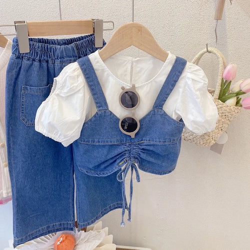 hot sale بنت's clothing طقم beautiful دينم sling توب قصير shirt كاجوال jeans pants 3 pieces بدلة