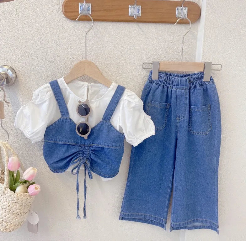 hot sale بنت's clothing طقم beautiful دينم sling توب قصير shirt كاجوال jeans pants 3 pieces بدلة