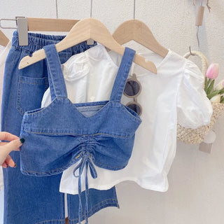 hot sale بنت's clothing طقم beautiful دينم sling توب قصير shirt كاجوال jeans pants 3 pieces بدلة
