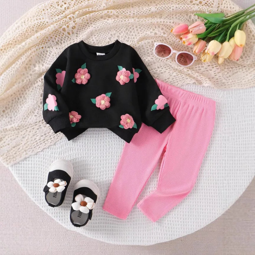 hot selling جديد خريف and شتاء بنات' round neck three-dimensional embroidered flower hoodie solid color pants طقم قطعتين