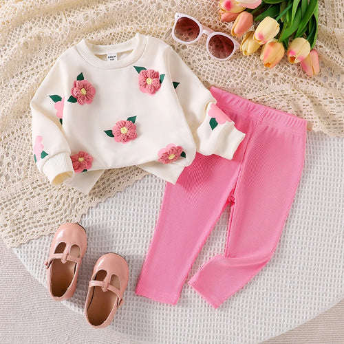 hot selling جديد خريف and شتاء بنات' round neck three-dimensional embroidered flower hoodie solid color pants طقم قطعتين