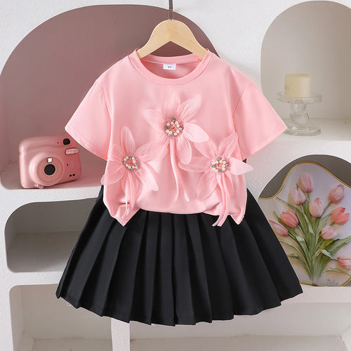 hot ستايل جديد cute بنت بدلة flower قصير-sleeved t-shirt بليسيه جيب 2-piece طقم for ربيع خريف ستايل غربي 4-7t for children